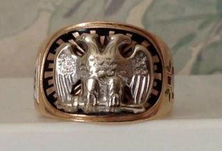 Vintage 10K Solid Gold Masonic 32 Degree Double Eagle Ring - Size 9.  25 - 2