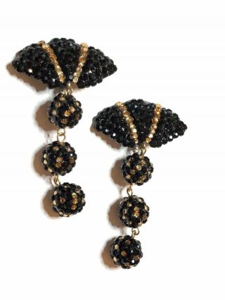 Fabulous Vintage Estate Gold Black Crystal Richard Kerr Fan Drop Dangle Earrings