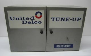 Vtg United Delco Remy Tune - Up Metal Garage Shop Parts Storage Cabinet Display