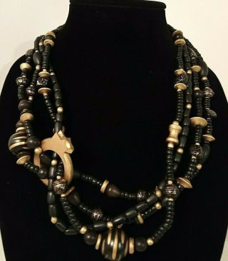 Aarikka Finland - Stunning Four Strand Black And Gold Tone Wood Bead Necklace.
