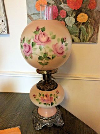 Vtg Antique Gone With The Wind Hand Painted Roses Table Desk Parlor Lamp Globe