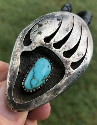 Fab Vintage Sterling Silver & Turquoise Bolo Tie Of A Foot Print - Hopi Master