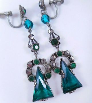 Antique Art Deco Signed Czech Emerald Green Glass Marcasite Drop Dangle Earrings