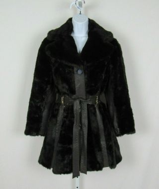 Vtg 1960s Mod Lilli Ann London Leathers Faux Fur Coat & Belt Satin Lining