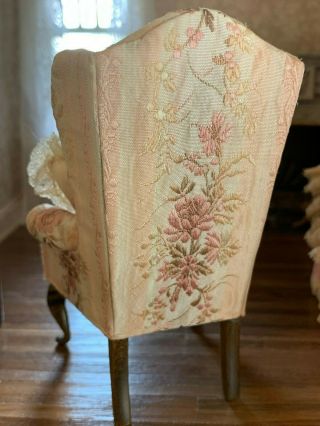1986 Nellie Bell Miniature dollhouse Artisan Pink Silk Damask Wing Chair SIGNED 3