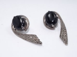 Fine Antique Art Deco Cabochon Onyx & Marcasite Sterling Earrings 1.  75 " 10 G