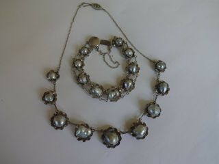 Antique Vintage Light Blue Pearl Necklace & Bracelet Sterling Silver