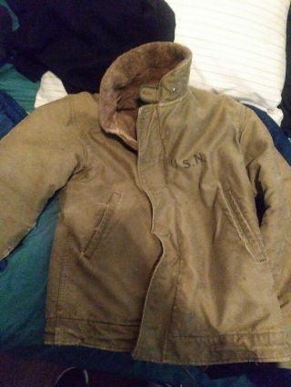 Vintage N - 1 Deck Jacket Usn U.  S.  Navy Military Coat Alpaca Lined Size 40 Emar