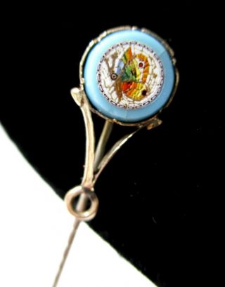 Fabulous Antique Victorian Micro - Mosaic Butterfly 9k Gold Top Stick Pin C.  1880