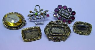 6 X Antique / Vintage Brooches - Stone Set And Gold Plated Mourning Brooches