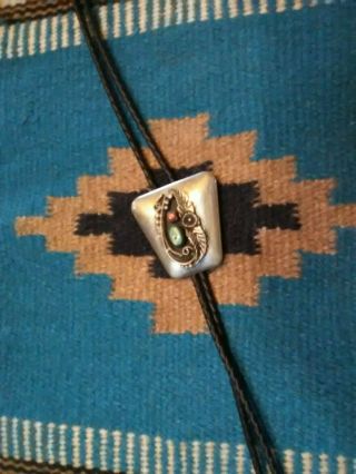 Vtg.  Old Pawn Navajo/zuni Silver Turquiose Coral Squash Blossom Bolo Leather Tie