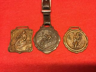 3 Vintage Early Motorcycle Bicycle Watch Fob Pin Award Brass Racing 1920’s