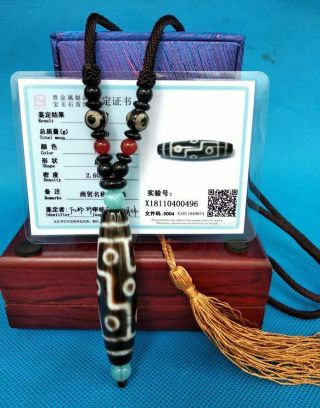 Vintage 9 Eyes Tibet Dzi Pendant Amulet Dzi Bead Carnelian Necklace Certificate