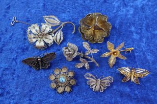 8 X Vintage.  800 &.  925 Sterling Silver Filigree Brooches Inc.  Butterflies (60g)