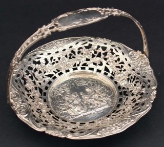 Antique German 800 Silver Repousse Pierced Man & Woman Bird & Dog Handled Basket