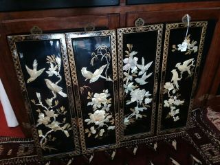 Vintage Asian Wall Panels Black Lacquer Mother Of Pearl Shell Bird Art 24 " X8 "