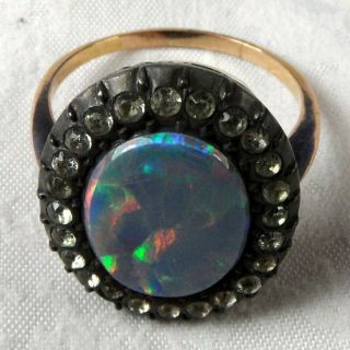 STUNNING ART DECO 9CT GOLD & SILVER OPAL DOUBLET AND PASTE SET RING SIZE S.  5 3