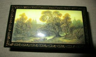 Vintage Russian Fedoskino Signed Hand Painted Landscape River Boats Lacquer Box