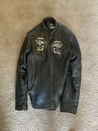 Affliction Shredded Skulls Leather Jacket Ultra Rare Limited Edition Mens Large