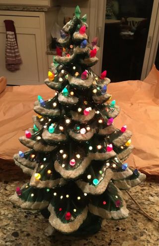 Vintage Ceramic Lighted 19” Christmas Tree W/ Snow And Glitter - Base W/ Music