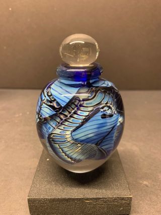 Vtg Perfume Bottle Robert Eickholt Art Glass Signed Iridescent Studio Blue 1989
