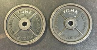 York Barbell Milled 45 Lb Olympic Weight Plates Vintage Usa Stamp 1 Pair 2