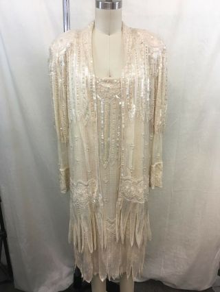 Judith Ann Creations Vintage Cream Lace/ Sequin Bead Fringe Dress/ Jacket Size L