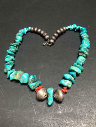 Antique Navajo Native American Turquoise,  Coral And Coin Bead Necklace