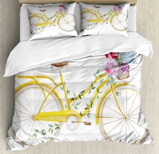 Vintage Duvet Cover Set With Pillow Shams Bicycle With Flowers Print