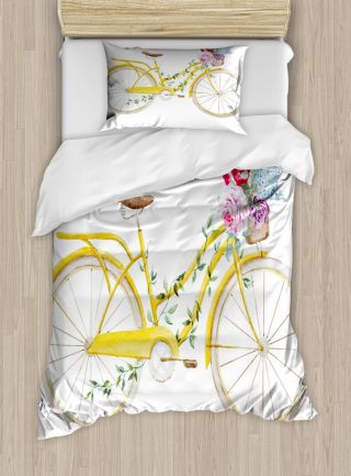 Vintage Duvet Cover Set with Pillow Shams Bicycle with Flowers Print 3