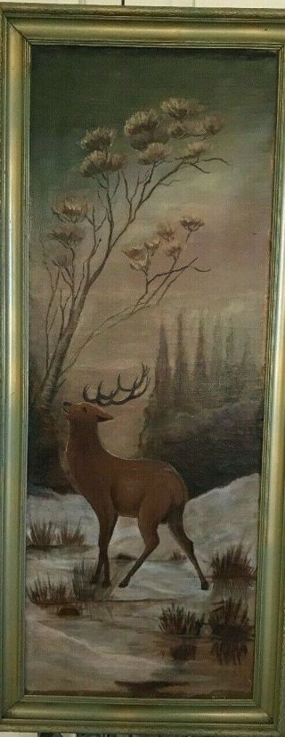 Antique 18th Century Oil Deer At Sunrise Forest Landscape 37.  5” X 14”