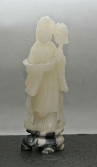 Vintage Chinese Hand Carved Jade Stone Figurine Marble Stand