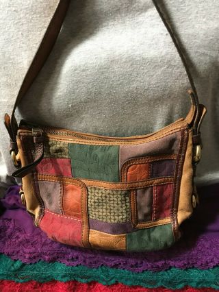 Fossil Vintage Brown Multi - Color Patchwork Canvas Leather Zip Shoulder Bag/hobo