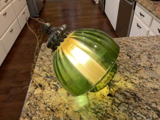 Vintage Mid Century Green Glass Globe Hanging Swag Lamp Light W/ Diffuser