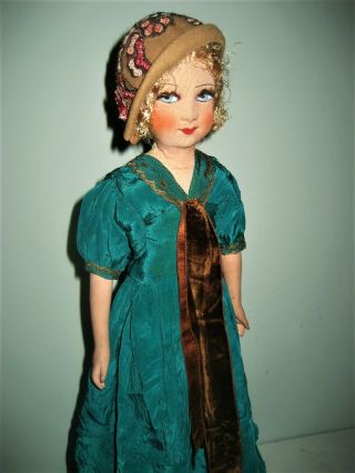 Antique French Silk Face Flapper Boudoir Bed Doll Silk Dress Felt Hat Lashes