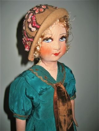 Antique French SILK FACE FLAPPER BOUDOIR BED DOLL silk dress felt hat lashes 4