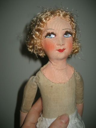 Antique French SILK FACE FLAPPER BOUDOIR BED DOLL silk dress felt hat lashes 7