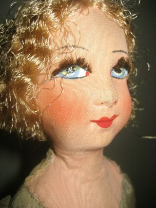 Antique French SILK FACE FLAPPER BOUDOIR BED DOLL silk dress felt hat lashes 9