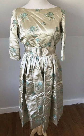 Vintage 1950s Dynasty Silk Brocade Wiggle Dress Party Evening Gown Size 12