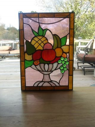 Vintage 13.  5 X 9.  5 Inch Fruit Stained Slag Glass Window Panel Jeweled Fruit