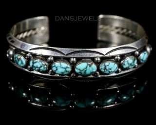 Vintage Navajo Sterling Old Pawn Traditional Natural Turquoise Row Bracelet