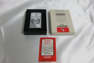 Vintage 1980 Unfired Quaker State Logo Silver Zippo Slim Lighter W/ Box 5u3