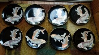 Vintage 8 Fitz And Floyd Koi Pond Porcelain Luncheon Plates Japan Retired