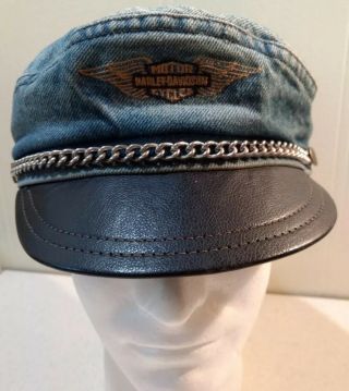 Vintage Denim & Black Leather Harley Davidson Motorcycle Captain Cap Hat Sz L
