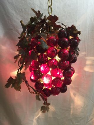 Vtg 60’s Large Lucite Purple Grape Cluster Hanging Swag Lamp 12” Wide X 16” Long