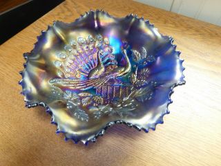 Vintage Iridescent Carnival Glass Ruffled Candy Dish Purple Pair Peacock Bird