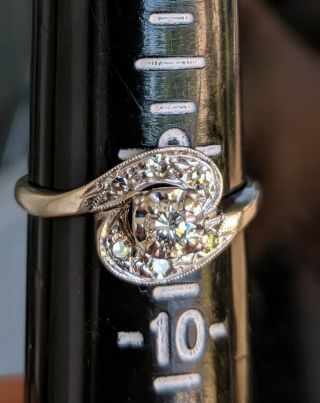 Art Deco,  14k Solid White Gold Natural Vs Quality Diamond,  Sz 9.  25 Cocktail Ring