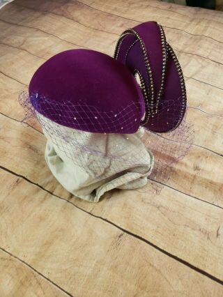 Vintage Jack Mcconnell Hat Purple W Rhinestone Spiral & Veil Fascinator