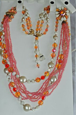 Rare Vtg Signed Hobe Necklace Multi Strand Orange Red Faux Pearls Ab 30 " Flower