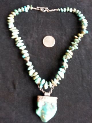 Vintage Turquoise Silver Mixed Nugget 19 " Necklace With Large Pendant Southwest